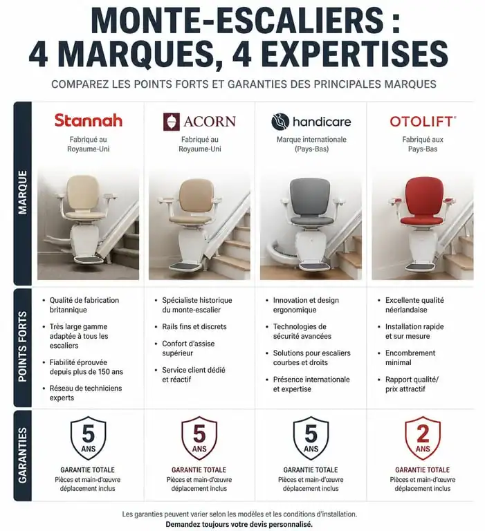 Tableau comparatif des meilleures marques de monte-escaliers pour choisir le modèle adapté à vos besoins.
