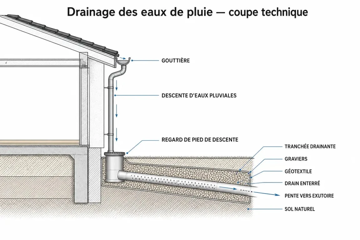 Schéma technique de drainage eau de pluie gouttière pour maison