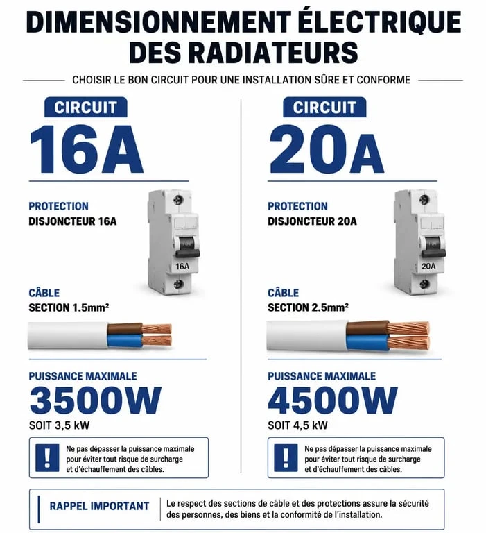 Infographie des normes de raccordement électrique pour radiateurs : disjoncteur 16A et 20A