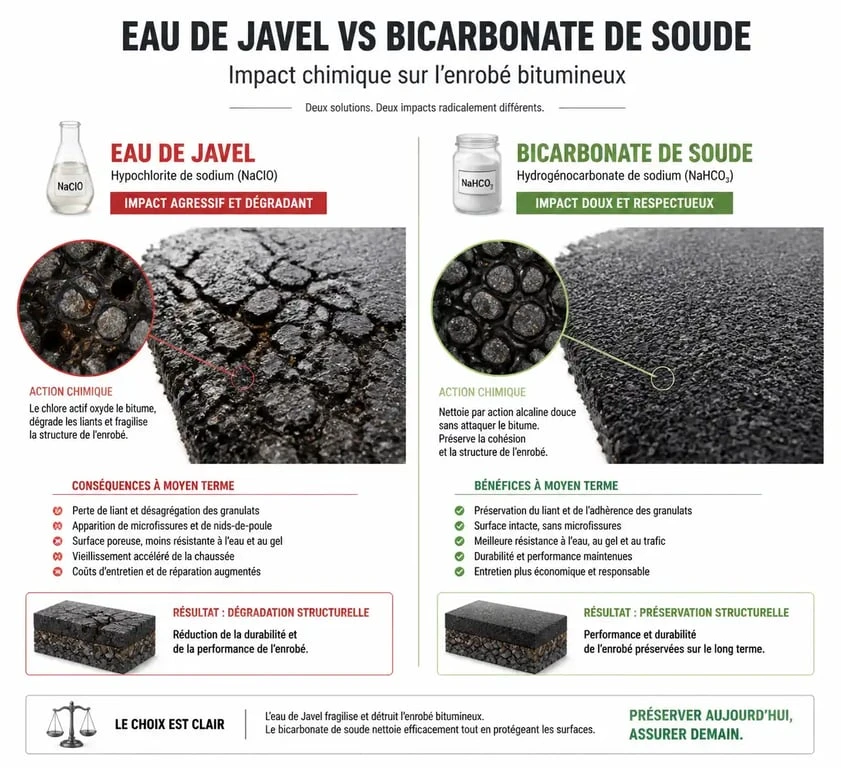 Infographie comparative des effets de l'eau de javel sur enrobé par rapport aux alternatives écologiques