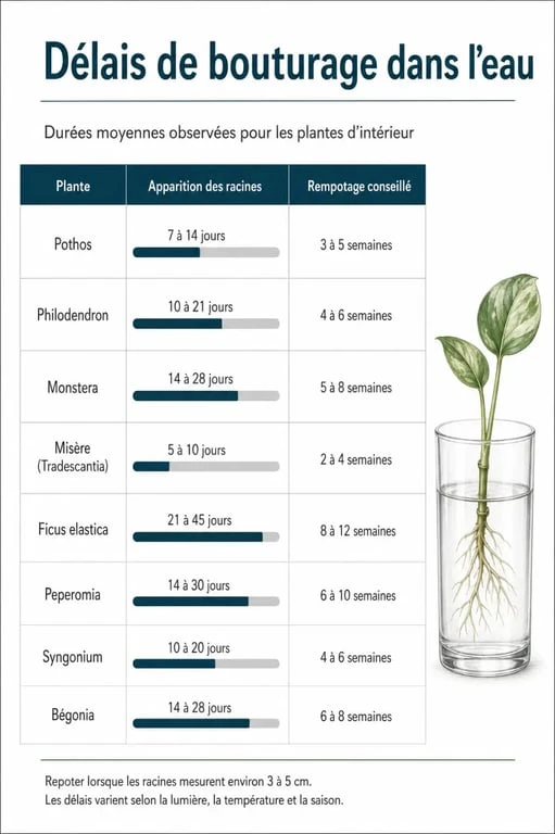 Infographie des délais de bouture dans l'eau pour différentes plantes