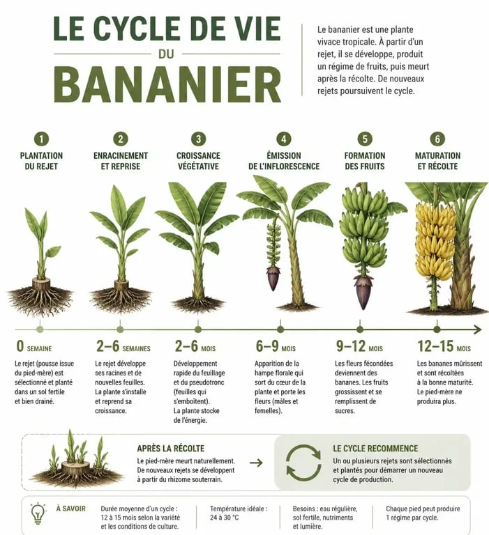 Infographie du cycle de vie et durée de pousse d'un bananier