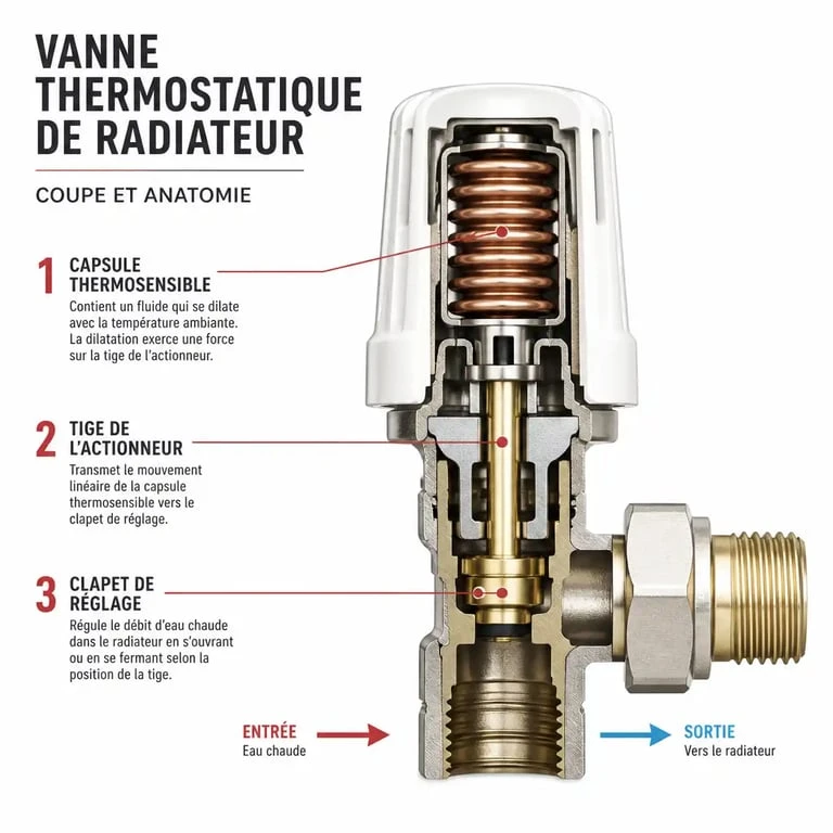 Schéma du fonctionnement d'une vanne thermostatique de radiateur