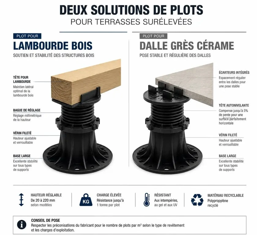 Schéma technique comparatif des plots pour terrasse bois et plots pour dalles grès cérame