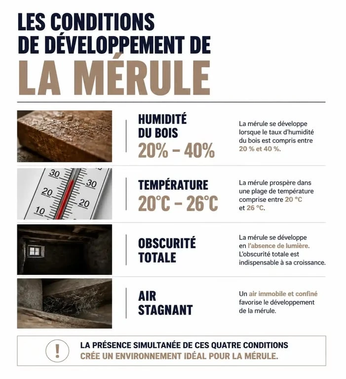 Infographie des conditions de développement de la mérule dans le bois