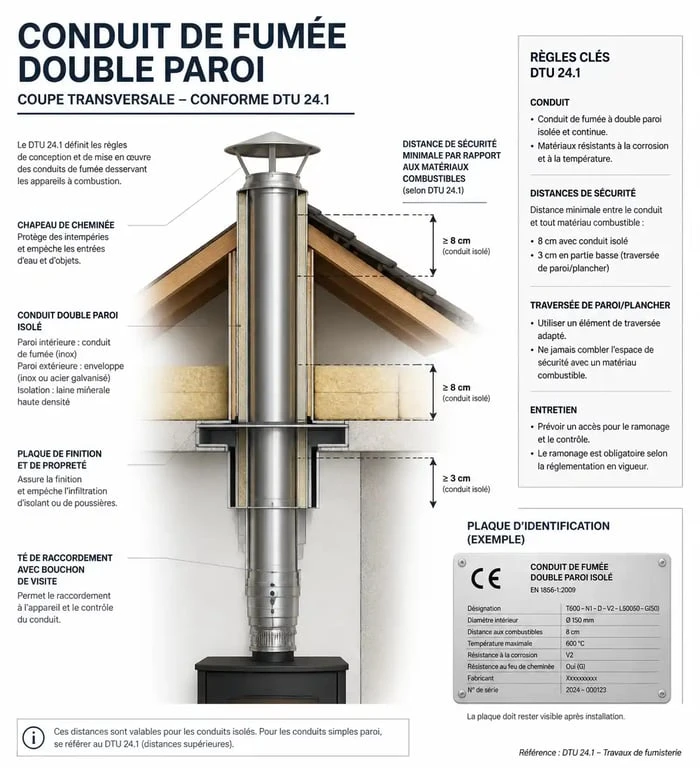 Schéma technique des distances de sécurité et de la structure d'un conduit de fumée conforme à la norme DTU 24.1