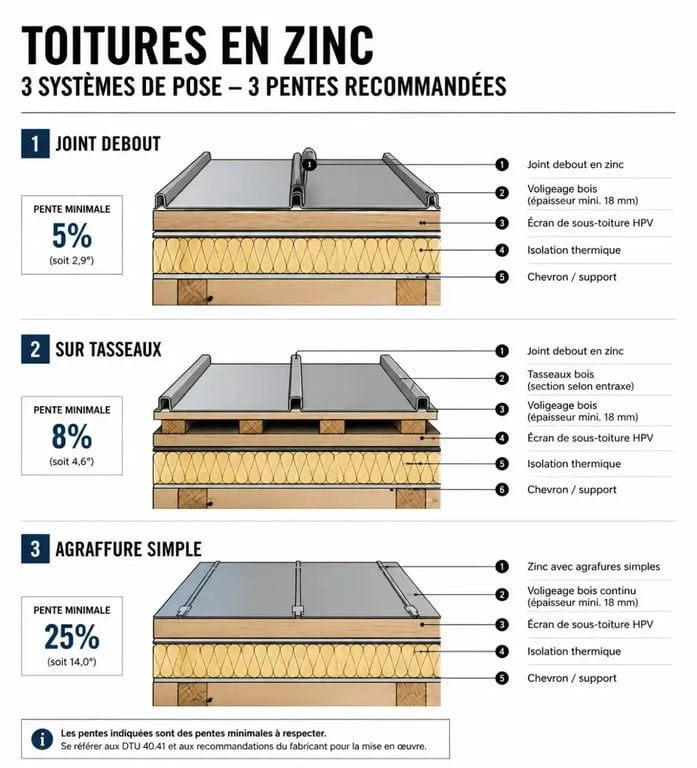 Comparatif des techniques de pose et pentes minimales pour une toiture en zinc