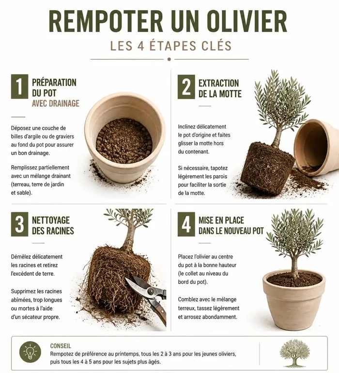 Infographie des étapes pour rempoter un olivier en pot