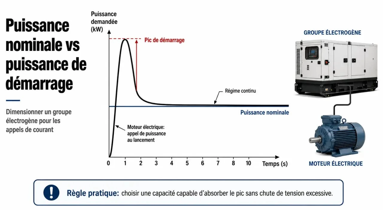 Schéma explicatif de la puissance nominale et de la puissance de démarrage d'un groupe électrogène