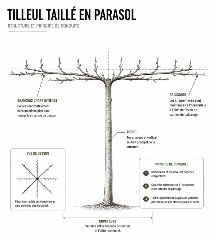 Schéma explicatif pour tailler un tilleul en parasol dans son jardin