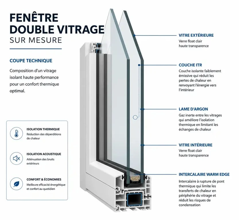 Schéma technique d'une fenêtre double vitrage sur mesure avec composants isolants