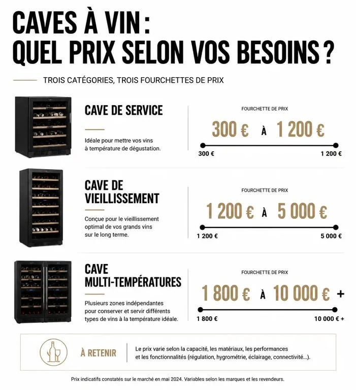 Infographie comparative des prix des caves à vin par type : service, vieillissement et polyvalente