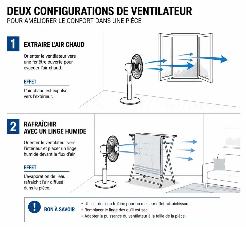 Schéma explicatif pour rafraîchir une pièce avec un ventilateur : extraction d'air chaud et refroidissement par évaporation