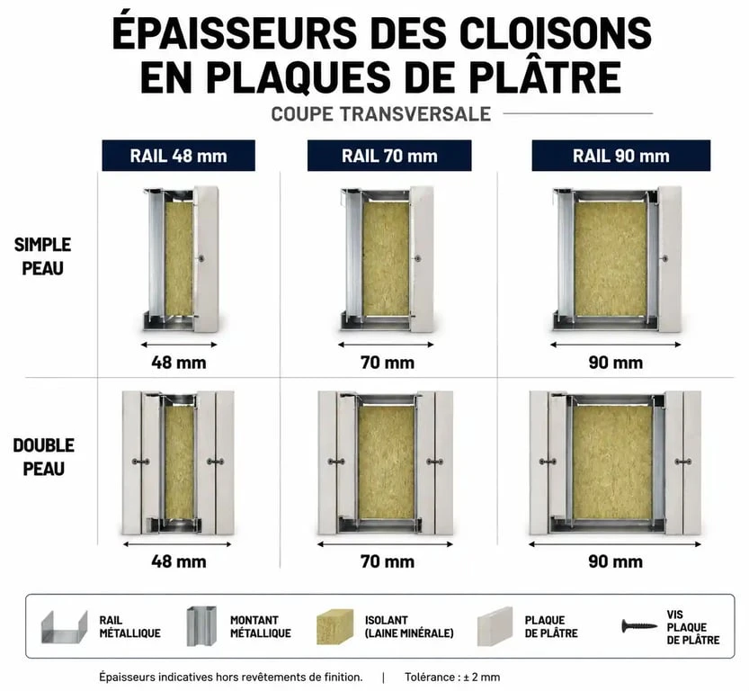 Schéma technique des épaisseurs de cloison en placo avec rail et plaques de plâtre.