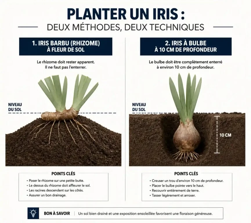 Schéma comparatif de plantation : iris rhizomateux à fleur de sol vs iris à bulbe en profondeur pour réussir quand planter des iris.