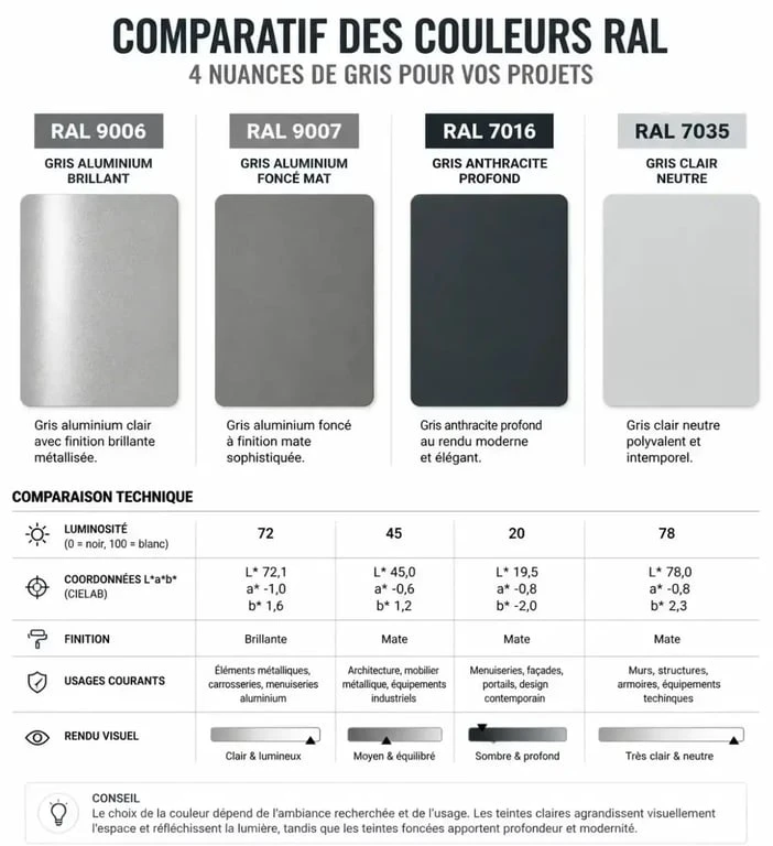 Comparatif visuel des nuances de gris RAL : RAL 9006 gris aluminium, RAL 9007, RAL 7016 et RAL 7035 pour aider au choix de peinture.