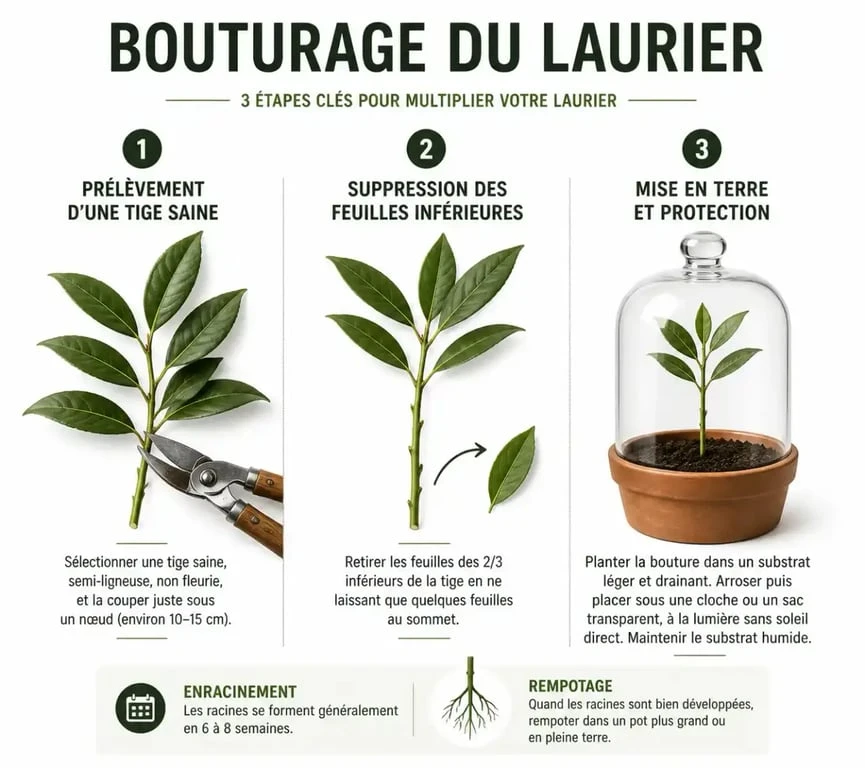 Étapes illustrées pour réussir le bouturage de laurier-rose et laurier-sauce