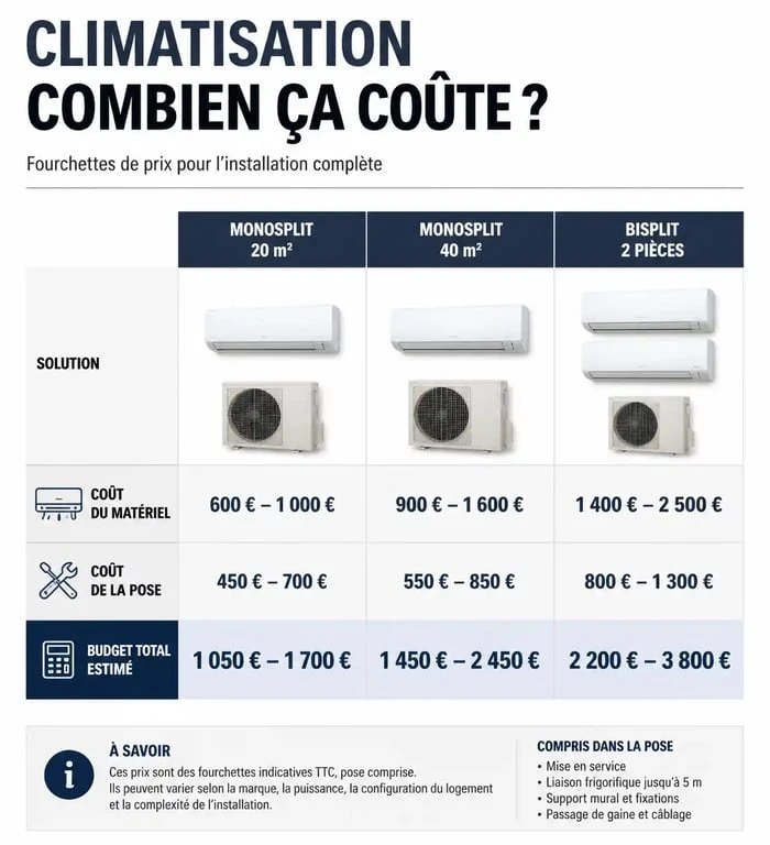 Infographie des prix de pose et matériel pour climatisation Brico Dépôt