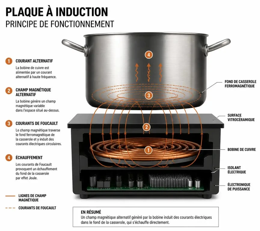 Schéma explicatif du fonctionnement d'une plaque à induction par électromagnétisme