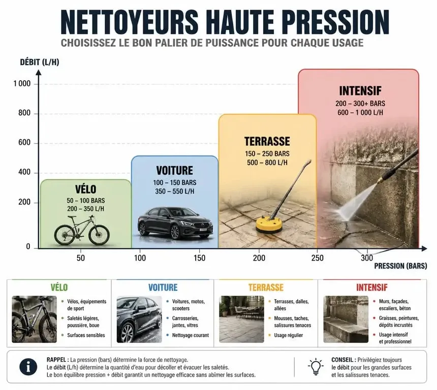 Infographie comparative des nettoyeurs haute pression : choisir le bon modèle selon la pression et le débit pour votre comparateur nettoyeur haute pression
