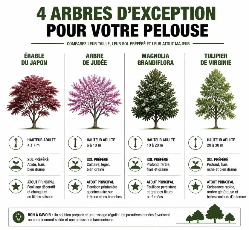 Infographie comparative des meilleurs arbres à planter au milieu d'une pelouse selon la taille et le type de sol