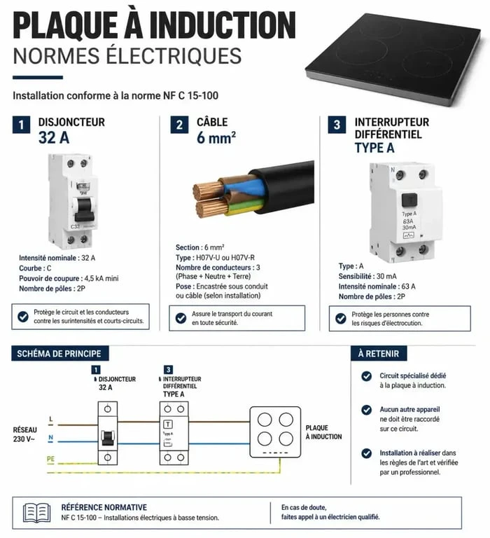 Schéma récapitulatif des normes électriques pour l'installation d'une plaque à induction : disjoncteur 32A et câble 6mm2