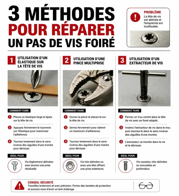 Infographie des méthodes pour réparer un pas de vis foiré : élastique, pince et extracteur