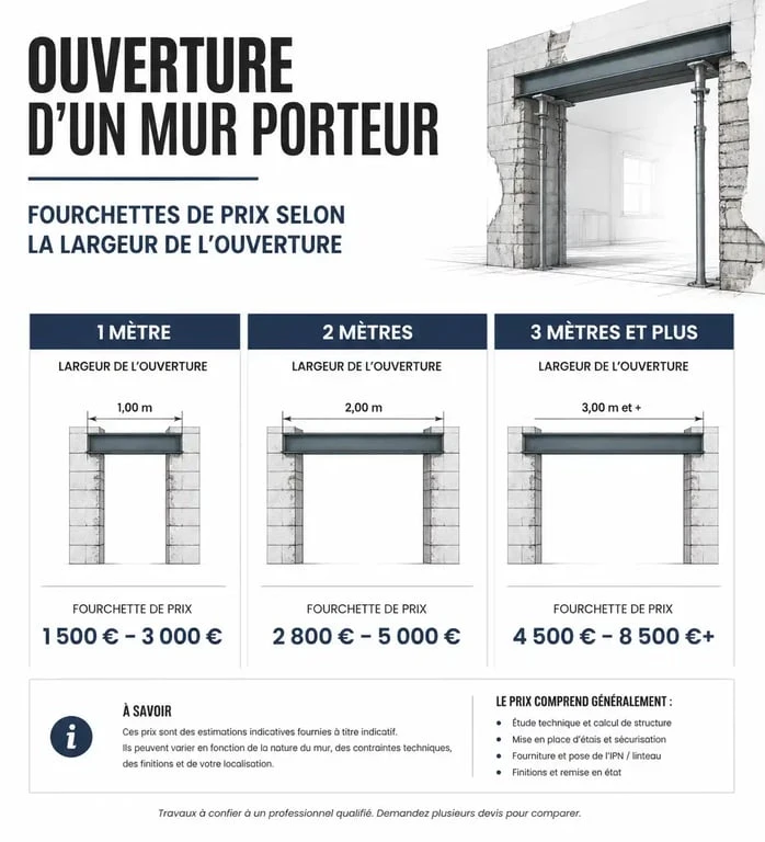 Infographie des prix pour l'ouverture d'un mur porteur avec pose d'IPN selon la largeur de l'ouverture