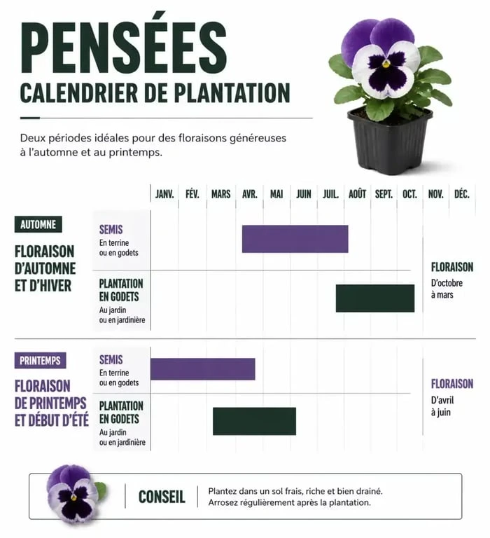 Calendrier de plantation des pensées : périodes idéales pour semis et godets