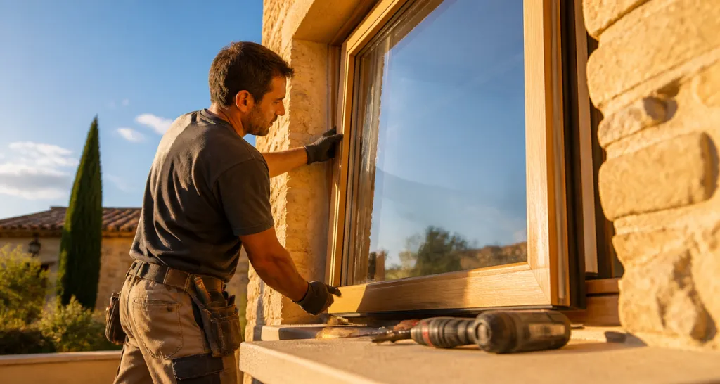 Artisan posant une fenetre double vitrage sur mesure