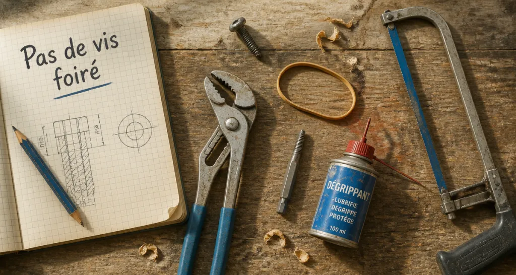 Pas de visse foiré sur établi avec outils