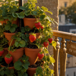 Plantation fraisier en hauteur : fraisiers en pots empilés, récolte facile sans se baisser