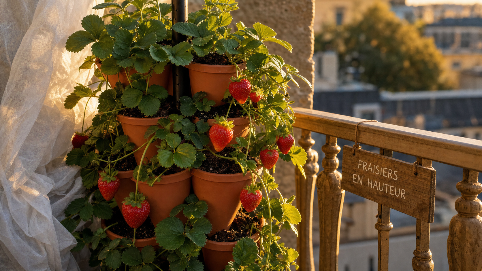 Plantation fraisier en hauteur : fraisiers en pots empilés, récolte facile sans se baisser