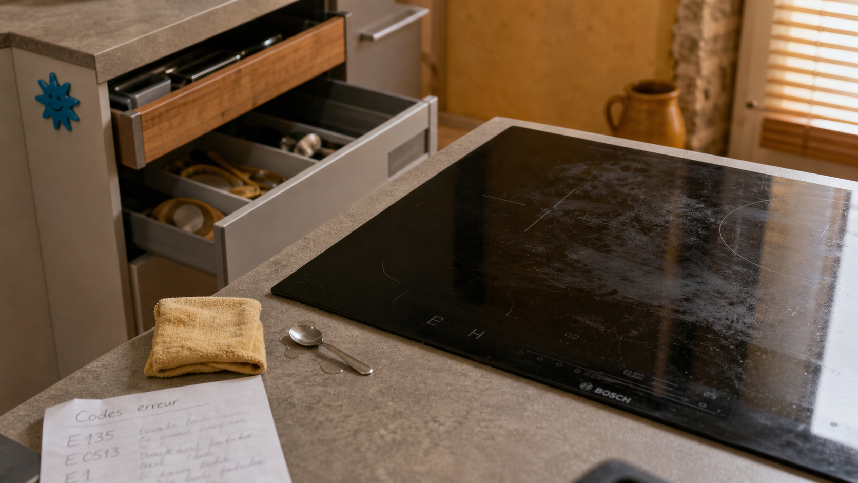 Plaque induction Bosch problème, vitre avec codes erreur E, appareil en panne