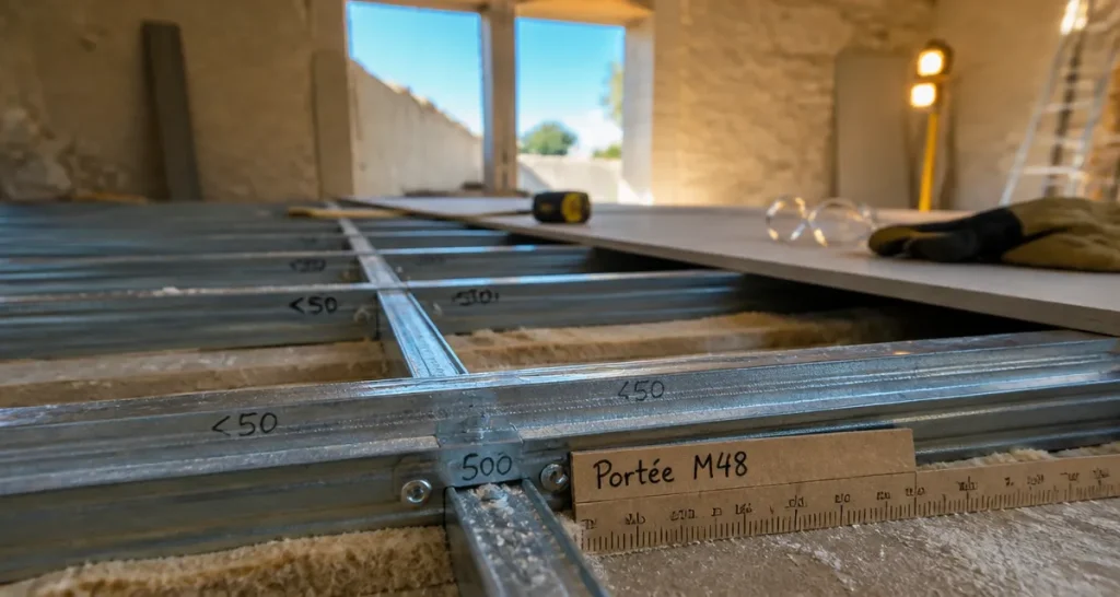 Portée maximum plafond autoportant M48 en chantier, ossature M48 dos à dos
