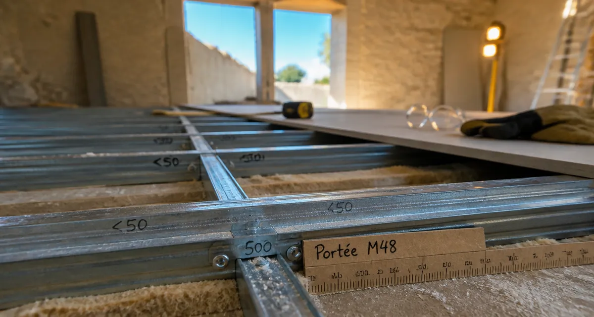 Portée maximum plafond autoportant M48 en chantier, ossature M48 dos à dos
