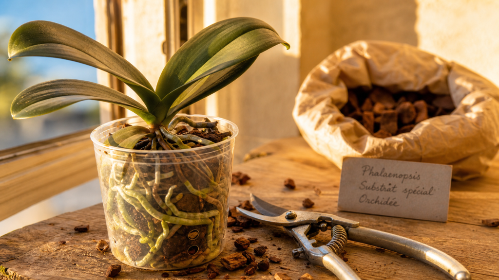 Quand rempoter une orchidée : Phalaenopsis en pot transparent, racines visibles