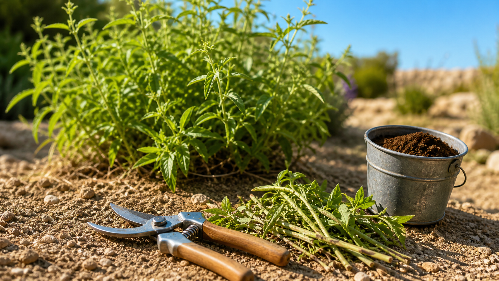 Quand tailler la verveine : sécateur sur verveine citronnelle au jardin