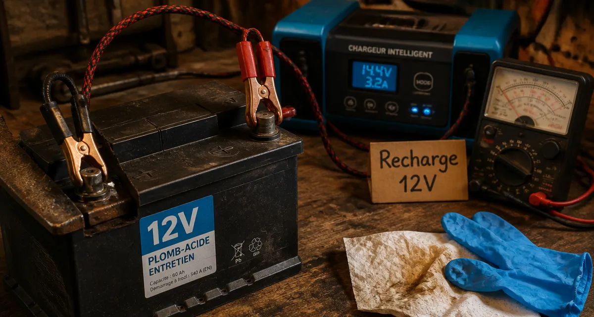 Recharger une batterie 12V : pince + et - avec chargeur