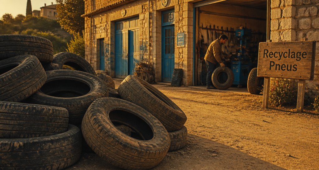 Recycler les pneus usagés devant un garage authentique