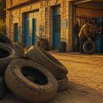 Recycler les pneus usagés devant un garage authentique