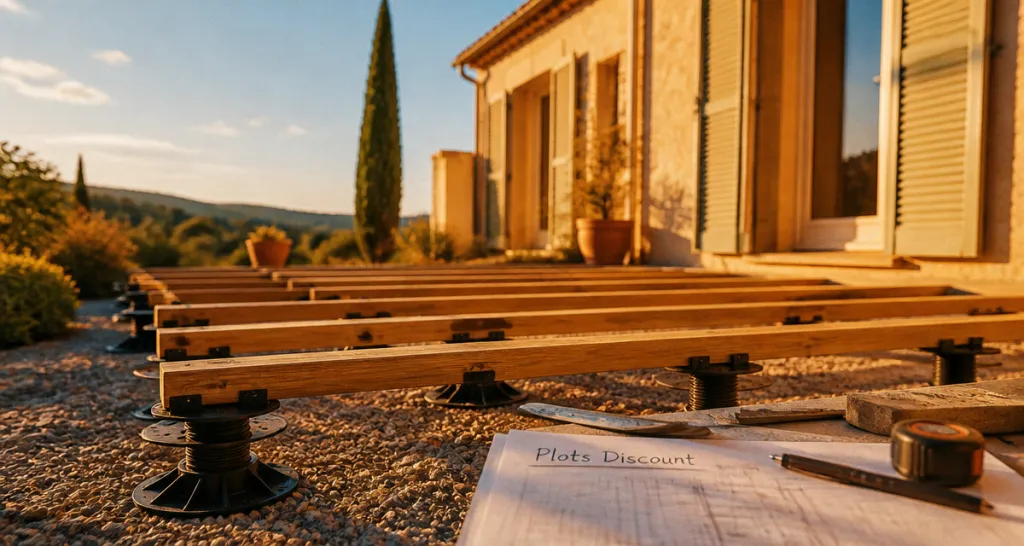 Terrasse plots discount sur gravier et lambourdes bois