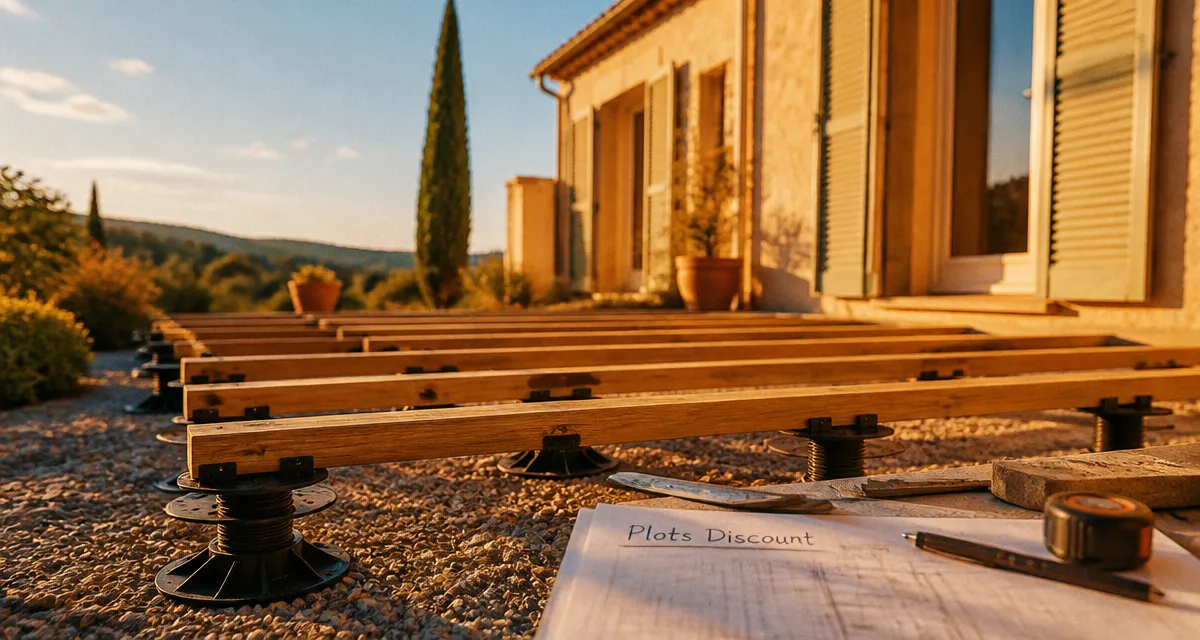Terrasse plots discount sur gravier et lambourdes bois