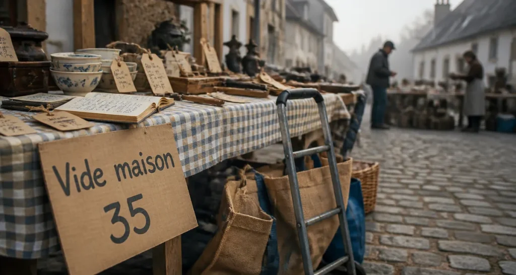 vide maison 35 : braderie en Bretagne, table avec objets et étiquettes