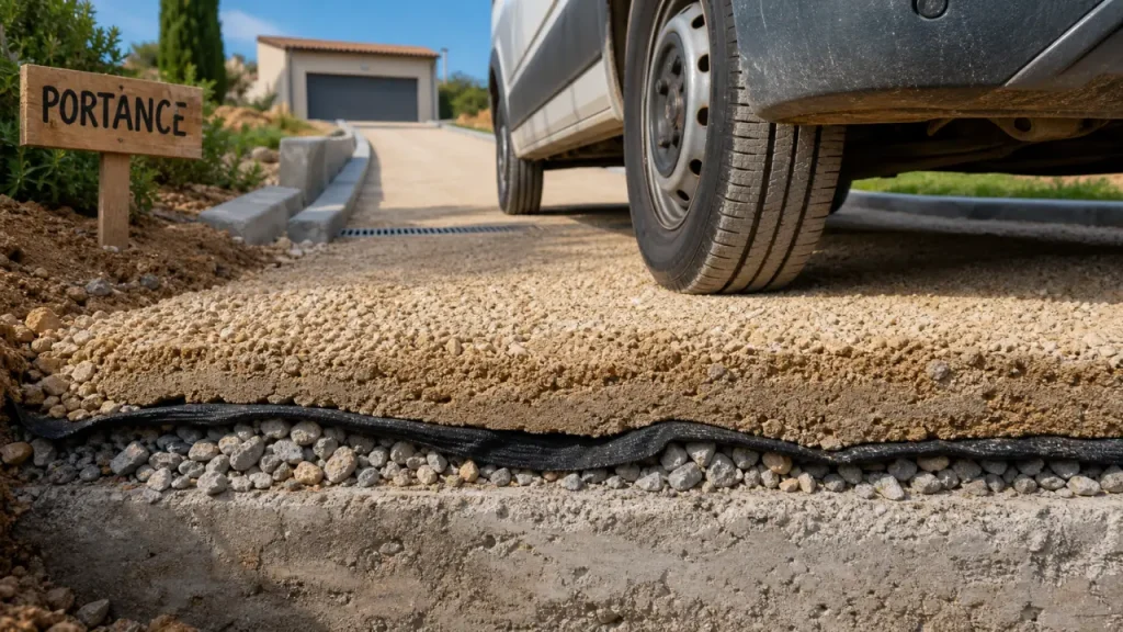 Allée carrossable pas chère : coupe gravier béton et fondation