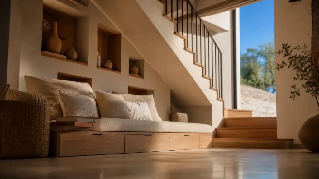 Aménagement sous escalier ouvert : rangement, alcôve ou bureau sans alourdir la pièce