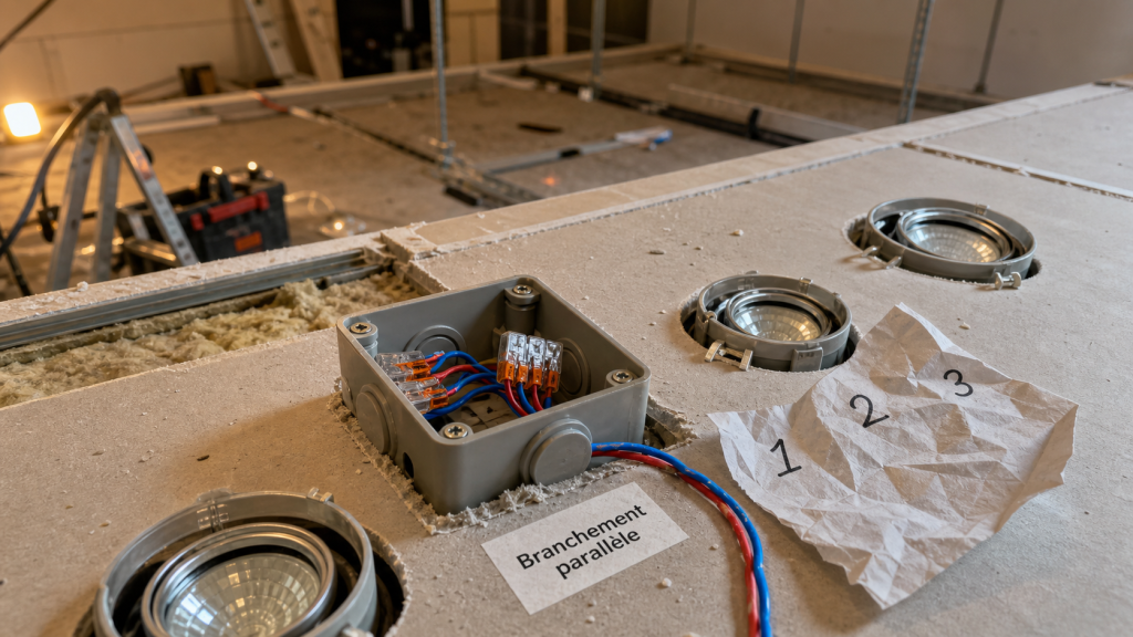 Branchement spot en parallèle : montage fiable pour spots GU10 et 12V/24V/230V
