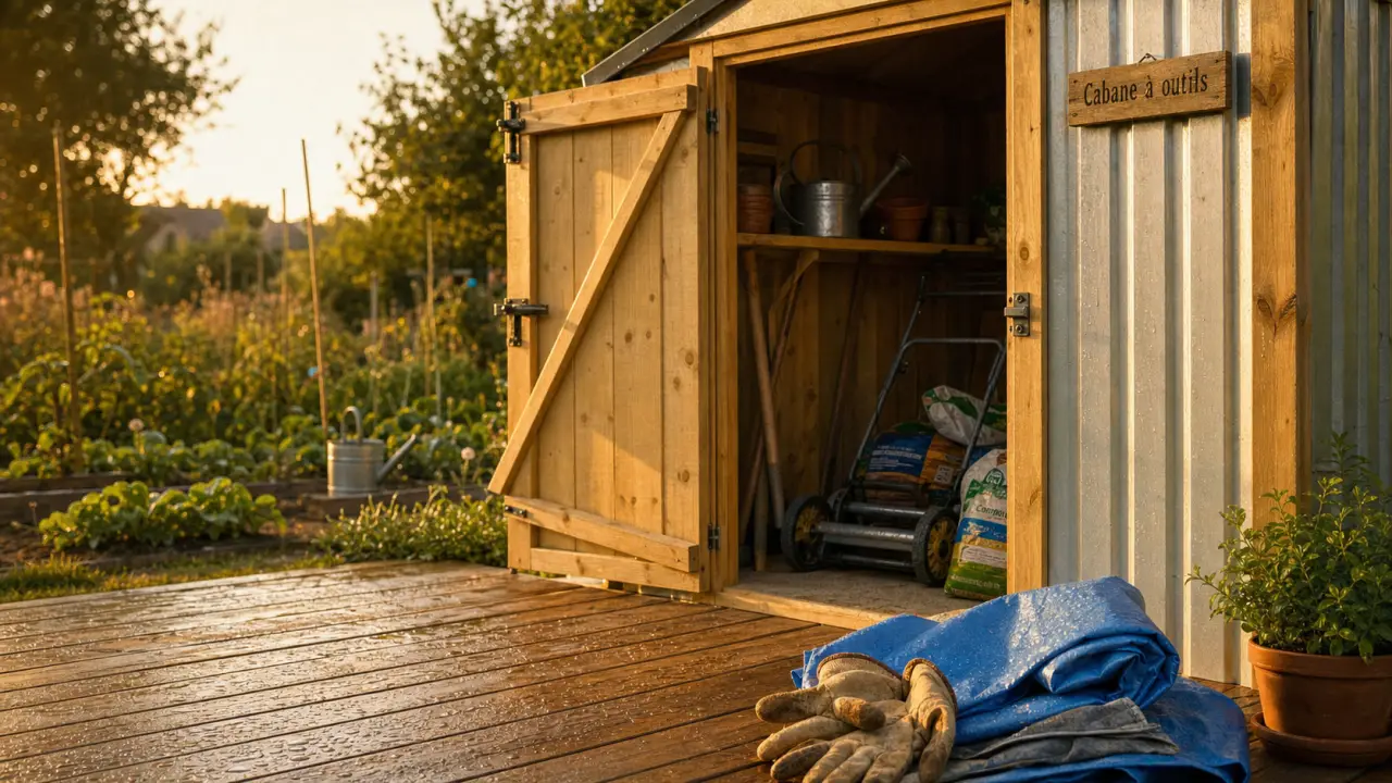 Cabane à outil de jardin en bois et métal, râteau et tondeuse manuelle