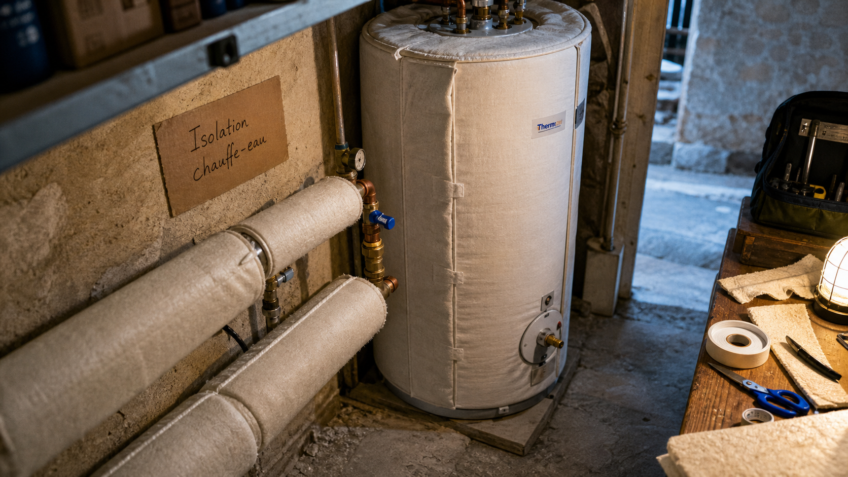 Chauffe eau isolation : manchons isolants sur tuyaux cuivre et housse thermique sur chauffe-eau