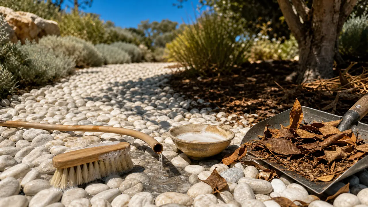 Comment nettoyer des galets blancs ternis : brosse douce et eau sur allée de galets